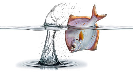 Fish showing silver fish with orange fins emerging from water with a splash on white background....