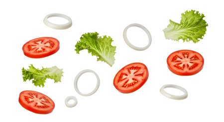 A collection of fresh tomato slices, green lettuce leaves, and white onion rings are dispersed...の写真素材