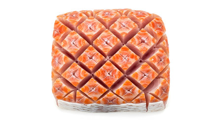 Fish showing salmon fillet with diamond pattern cut into raw fish flesh on white background....の写真素材