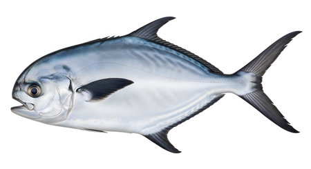 A silver-blue permit fish with dark fins and tail is isolated against a clean white background.