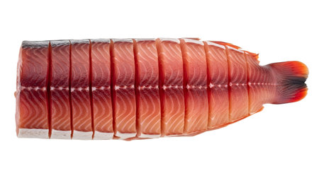 Sliced raw salmon fillet with vibrant pink and orange hues isolated on white background.