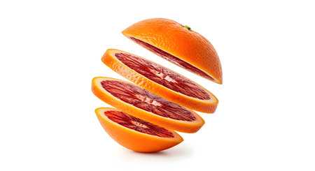 A orange is sliced into four pieces, with segments suspended in mid-air against a clean white...
