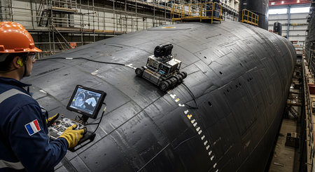 showing technician operating remote controlled robot for submarine hull inspection in...