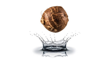 Splash showing taro root suspended above a water splash with droplets and ripples on white...