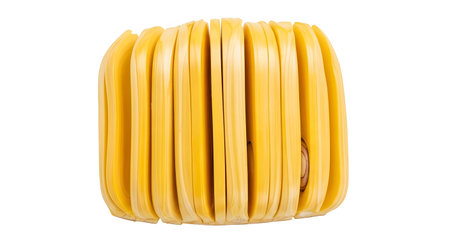 Sliced showing sliced yellow jackfruit showing segments and internal texture on a white...