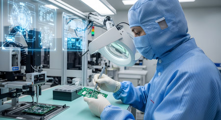 A person in a blue cleanroom suit inspects a circuit board with a magnifying lamp, holographic...