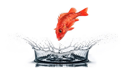 Background showing small red rockfish leaping out of water creating splash and ripples on white...