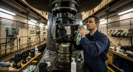 A man in a dark uniform cleans a complex optical device attached to a submarine, using a cloth...