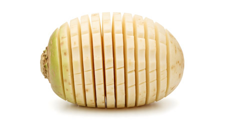 Segments showing turnip or rutabaga sliced into vertical segments on a white background.の写真素材