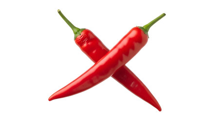 Two bright red chili peppers are positioned in a crossed formation against a stark white...の写真素材