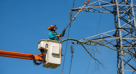 A utility worker in a bucket truck uses a long pole saw to trim tree branches near voltage power...