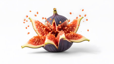 Open showing whole ripe dark purple fig fruit cut open showing pink flesh and seeds on white....