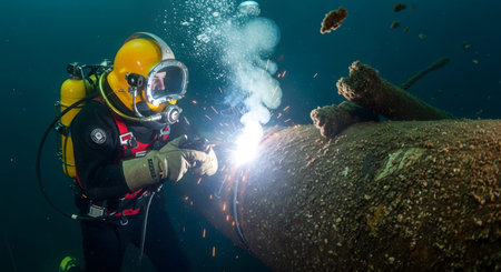 An underwater diver wearing a yellow helmet and protective gear welds a large, barnacle-covered...