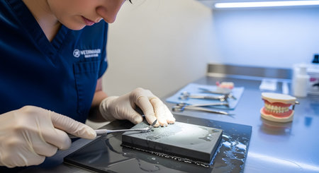 showing veterinarian in blue scrub sharpening dental tool in clinic.