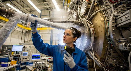 A woman in a blue uniform and safety goggles inspects heavily frosted pipes with a handheld...