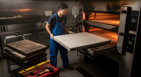 Places showing young man in overalls and safety glasses places a stone slab into a hot...