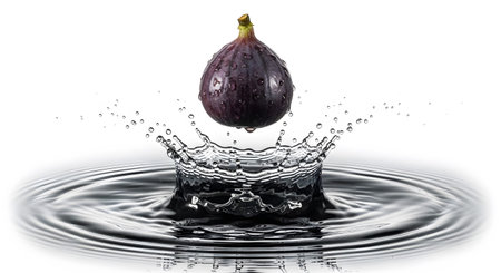 A dark purple fig is captured as it emerges from a water splash crown, creating concentric ripples.