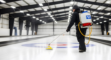 A person wearing a black jacket and hat sprays water on a curling ice sheet with a backpack sprayer.の写真素材