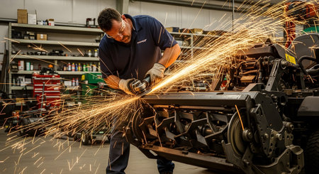 A man wearing safety glasses and gloves grinds metal on machinery, creating a shower of bright...