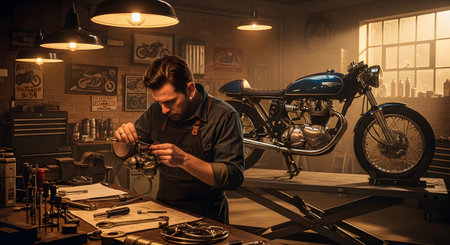 Stock showing man in workshop repairing a blue vintage motorcycle with tools and blueprints on...
