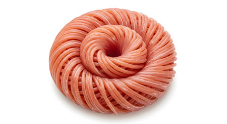 Bright pink salmon fillet strips are tightly coiled into a spiral shape resembling a shell, set...