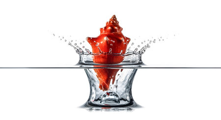 A vibrant red conch shell creates a dynamic splash in clear water, with droplets and a clear...