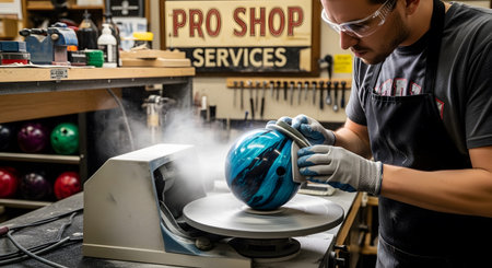 A man in safety glasses polishes a blue and black marbled bowling ball with a buffing machine.