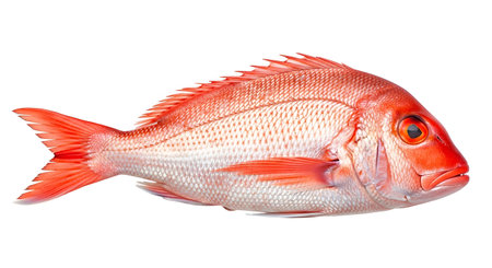A whole red snapper fish bright red scales and fins against a stark white background....