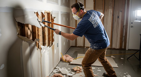 A man wearing a mask and goggles demolishes a damaged wall with tools, creating debris on the floor.