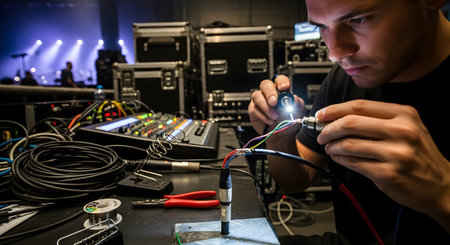 Cables showing man soldering audio cables with tools and equipment in concert venue backstage....