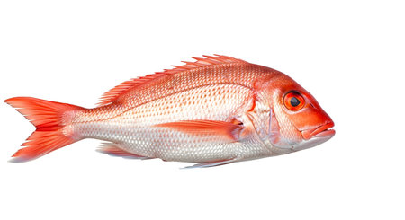 A whole red snapper fish bright red scales and fins against a stark white background....の写真素材
