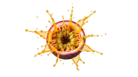 A passion fruit half explodes outwards with bright yellow juice and seeds creating a dynamic...