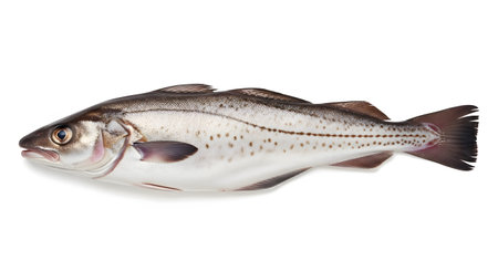 Category: showing whole raw haddock fish with speckled brown and silver scales on a white...