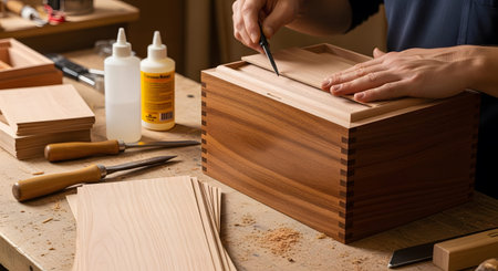 A woodworker's hands carefully place a thin wood veneer onto a partially assembled wooden box.