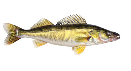 Golden showing walleye fish with golden yellow scales and fins isolated on a white background...の写真素材