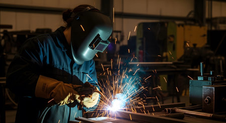 A welder in a protective mask and gloves creates bright sparks while working on metal in a workshop.