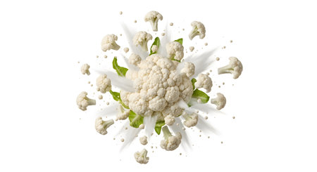 A white cauliflower bursts outwards with its florets and some green leaves scattering against a...の写真素材