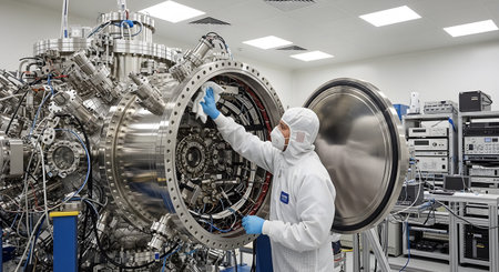 A person in a white sterile suit cleans the complex inner workings of a large, open vacuum...