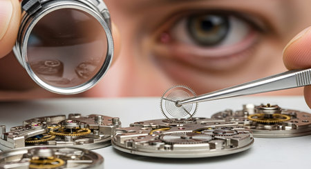 (3166) showing watchmaker meticulously assembling intricate watch movement with tweezers and...の写真素材
