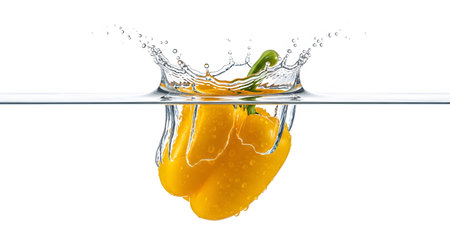 showing yellow bell pepper submerging in water with droplets and splash effect.の写真素材