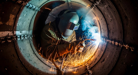 A person wearing a welding mask and gloves intensely sparks while working within a large,...