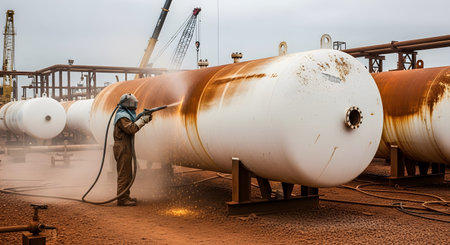 Crane showing worker sandblasting a large rusty white industrial storage tank...