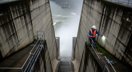 Hose showing worker with flashlight and hose inspecting a hydroelectric dam spillway channel....