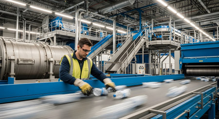 Sorting showing worker sorting plastic bottles on a conveyor belt in a recycling plant with...