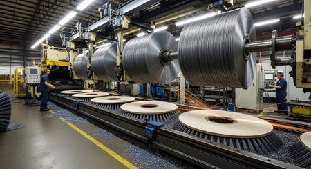 (3647) showing workers in a factory operating large industrial machinery with metal coils.の写真素材