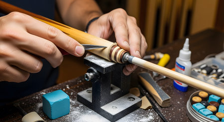 Hands holding a billiard cue, shaping the tip with a knife and tools on a workbench.......