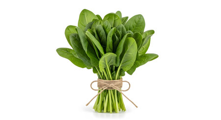 A fresh bundle of vibrant green spinach leaves, stems secured with rustic twine, presented on a...