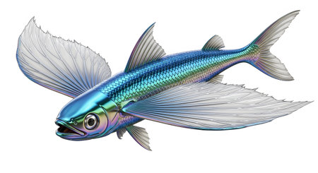 A shimmering iridescent fish with large wing-like pectoral fins extended, isolated on a white...