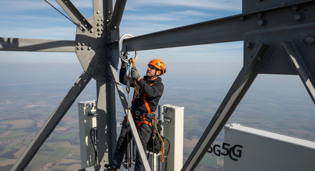 Tower showing man in orange helmet working on tall cell tower structure with blue sky...