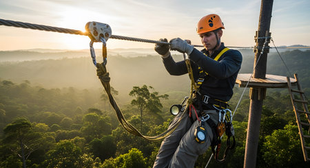 Background showing man in orange helmet inspects zipline gear with a jungle canopy and sunrise...